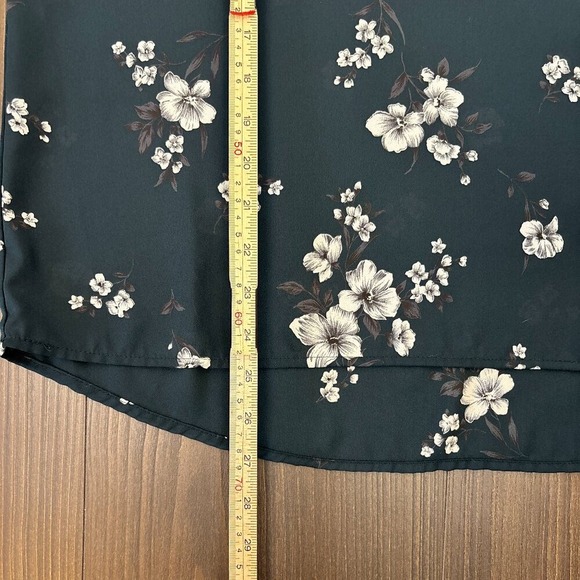 Papermoon Floral Blouse Large Dark Teal Scoop Neck 3/4 Sleeve Tie Cuff Top - Picture 14 of 14